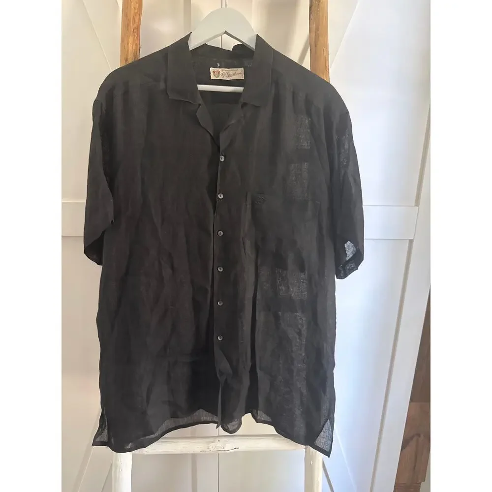 Vintage G. Gucci Spa 100% Linen Black Short Sleeve Button-Down Shirt Large/XL